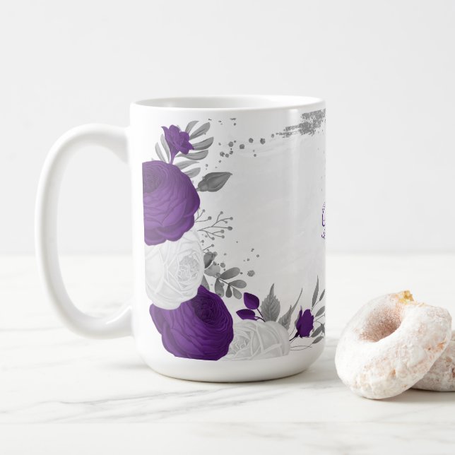 Caneca De Café flores brancas roxas prata botânico casamento (Com Donut)