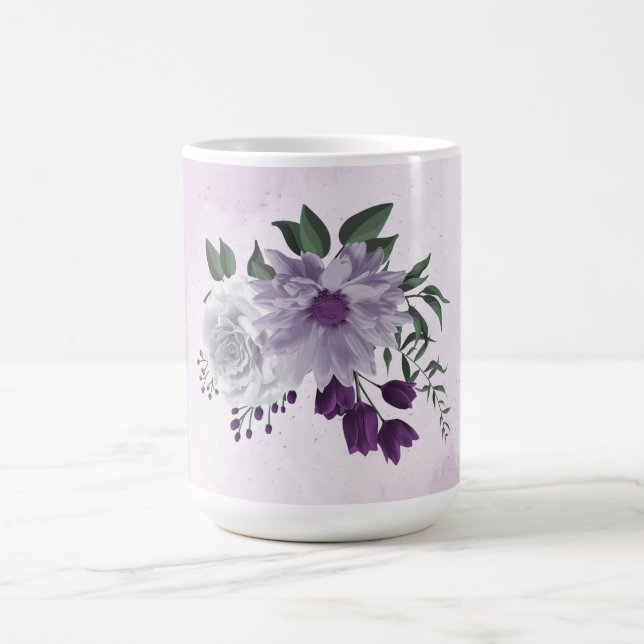Caneca De Café Flores brancas roxas românticas folhagens (Centro)