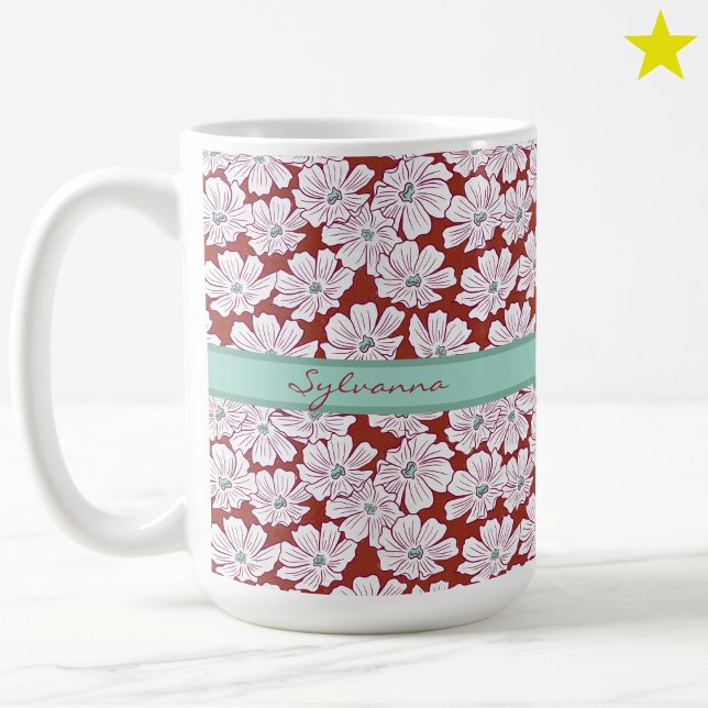 Caneca De Café Flores Brancas Rústicas Desenho Vermelho Turquesa  (Criador carregado)
