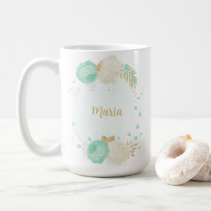 Caneca De Café flores brancas verde menta dourado floral casament