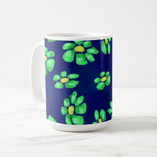 Caneca De Café Flores Brancas Verdes Aspiram em Fundo Azul