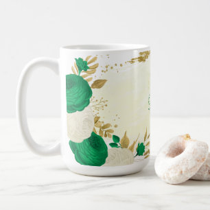 Caneca De Café flores brancas verdes douradas botânicas casamento