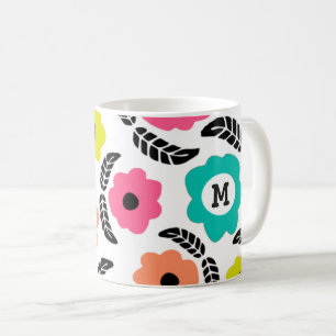 Caneca De Café Flores Brilhantes Modernas e Monograma de Folha Ne