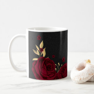 Caneca De Café Flores burgundy elegantes douradas pretas