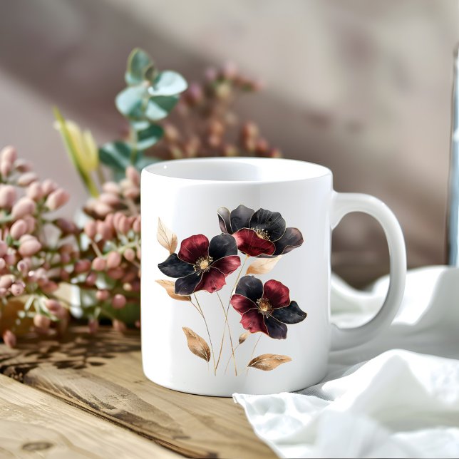 Caneca De Café Flores burgundy pretas de ouro a aquarela etérea (Ethereal watercolor gold black burgundy flowers coffee mug)