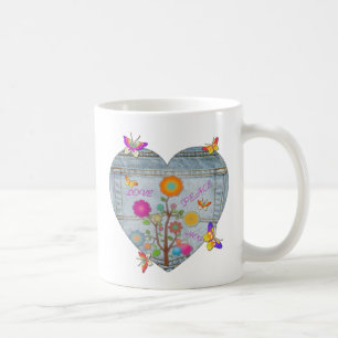 Caneca De Café Flores Cardíacas Denim Pocket Borboletas