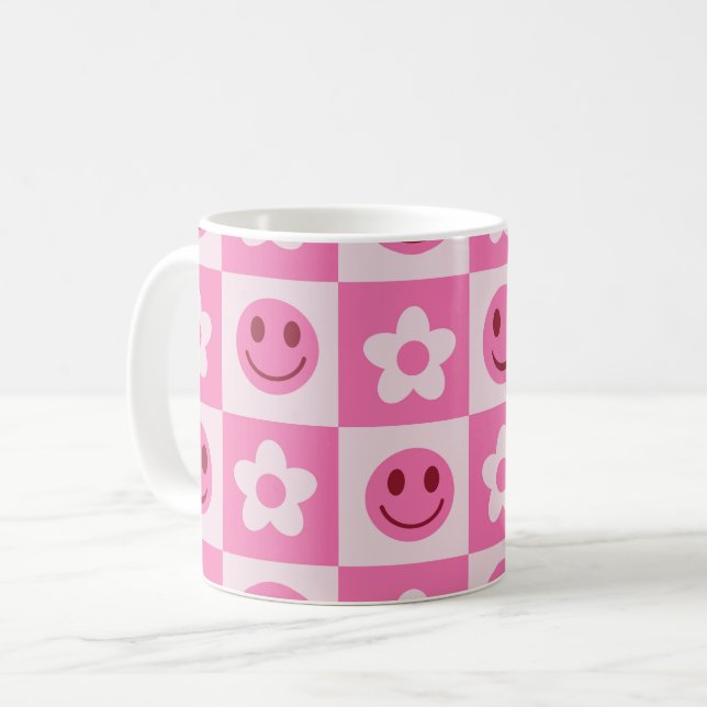 Caneca De Café Flores checadas e rostos felizes rosa (Frente Esquerda)