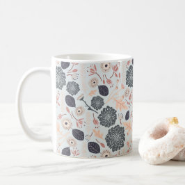 Caneca De Café Flores Cinzas Florais Pêssego Azul