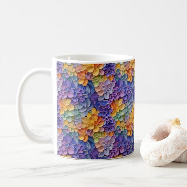 Caneca De Café Flores Coloridas 3D (Com Donut)