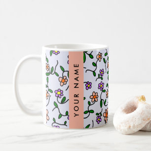 Caneca De Café Flores Coloridas, Fundo Azul, Laranja