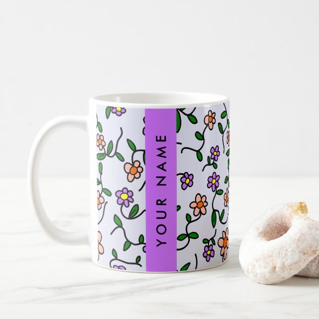 Caneca De Café Flores Coloridas, Fundo Azul, Roxo (Com Donut)