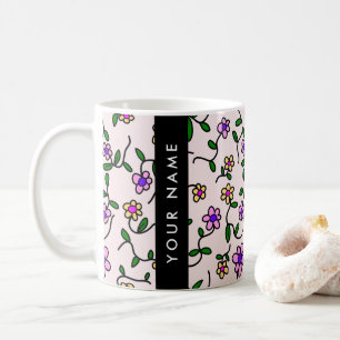 Caneca De Café Flores Coloridas, Fundo Rosa, Preto