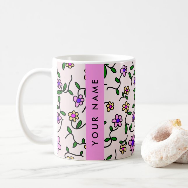Caneca De Café Flores Coloridas, Fundo Rosa, Rosa (Com Donut)