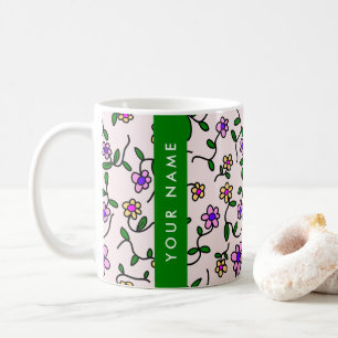 Caneca De Café Flores Coloridas, Fundo Rosa, Verde