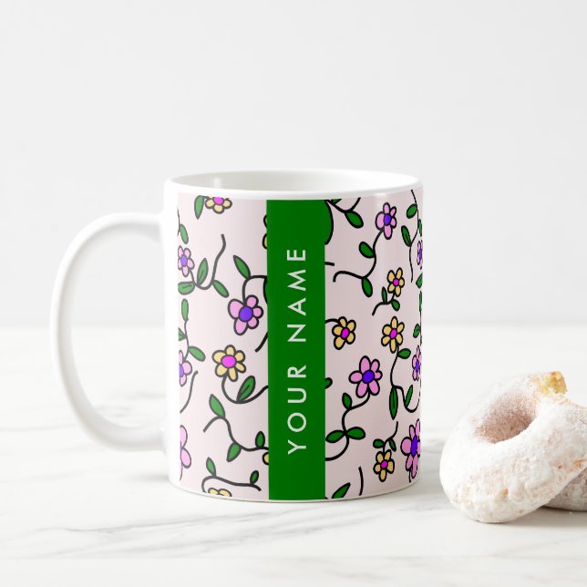 Caneca De Café Flores Coloridas, Fundo Rosa, Verde (Com Donut)