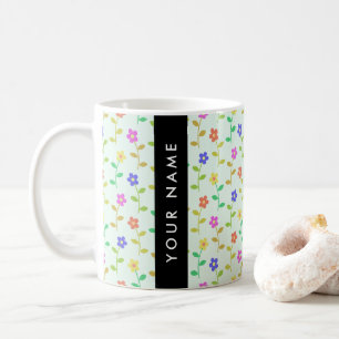 Caneca De Café Flores Coloridas, Fundo Verde Claro, Preto