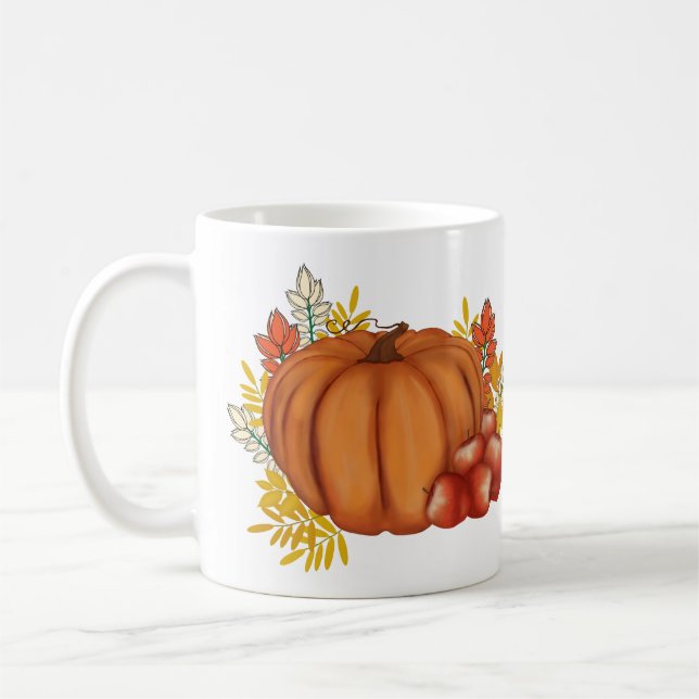 Caneca De Café Flores com Pumpkin e Maçãs. Ação de Graças (Esquerda)