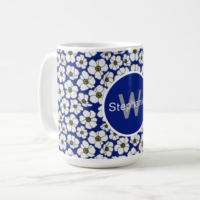 Caneca De Café Flores com Vibração Tropical em Azul  (Frente Esquerda)