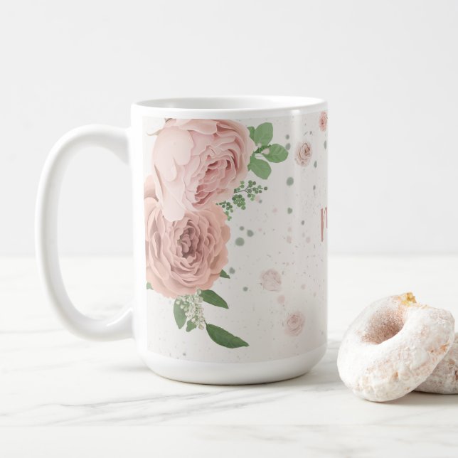 Caneca De Café flores cor-de-rosa botânica folhagem (Com Donut)