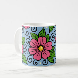 Caneca De Café Flores Cor-de-Rosa com Folhas Verdes e Detalhes Cu
