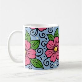 Caneca De Café Flores Cor-de-Rosa com Folhas Verdes e Detalhes Cu