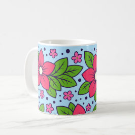 Caneca De Café Flores Cor-de-Rosa com Pétalas Ousadas e Folhas Ve