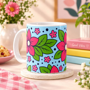 Caneca De Café Flores Cor-de-Rosa com Pétalas Ousadas e Folhas Ve