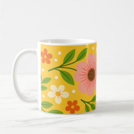 Caneca De Café Flores Cor-de-Rosa, Creme e Laranja com Folhas Ver