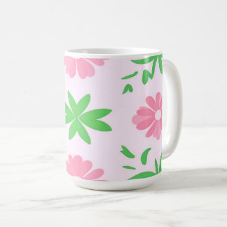 Caneca De Café Flores cor-de-rosa e folhas verdes têm um padrão s