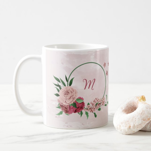 Caneca De Café flores cor-de-rosa folhas verdes  (Com Donut)