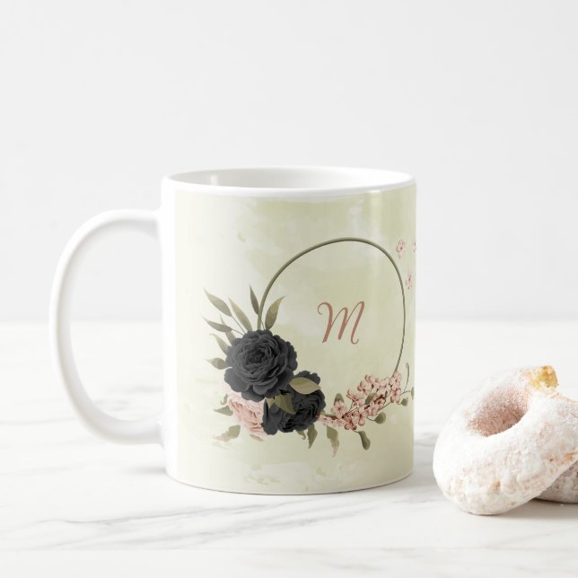 Caneca De Café flores cor-de-rosa preto (Com Donut)