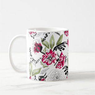 Caneca De Café Flores cor-de-rosa sem costura folhas verdes esbo