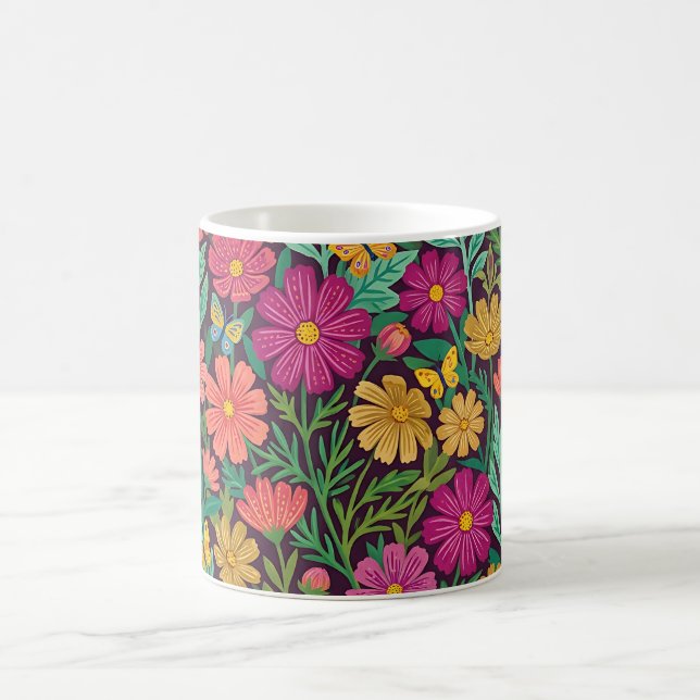 Caneca de Café Flores Cosmos Borboletas Abstratas (Centro)