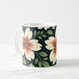 Caneca De Café Flores Creme com Centros Vermelhos e Folhas Verdes