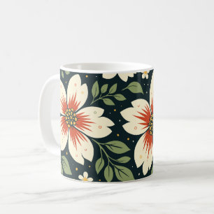 Caneca De Café Flores Creme com Centros Vermelhos e Folhas Verdes