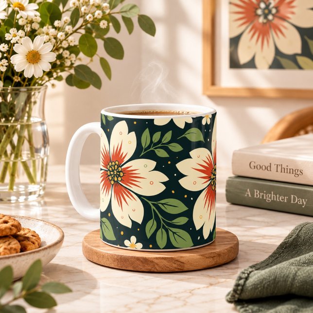 Caneca De Café Flores Creme com Centros Vermelhos e Folhas Verdes (Criador carregado)