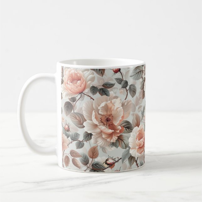 Caneca De Café Flores-creme com folhas de cinza em cinza-clara (Esquerda)