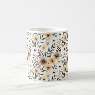 Caneca De Café Flores Creme Marrom Amarelo