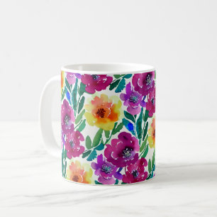 Caneca De Café Flores de Aquarela Amarelo Maroon