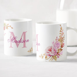 Caneca De Café Flores de Aquarela Nome do Monograma Personalizado
