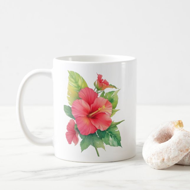 Caneca De Café Flores de Aquarela Rosa Hibiscus (Com Donut)
