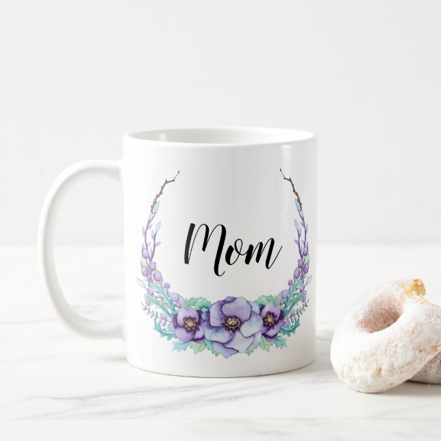 Caneca De Café Flores De Aquarela Violeta-Roxo Mamã-Mug Delicadas (Com Donut)