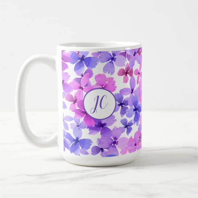 Caneca De Café Flores de Aquarelas Rosa e Púrpura (Esquerda)