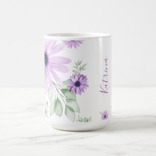 Caneca De Café Flores de Aquarelas Verdes Violetas Personalizadas