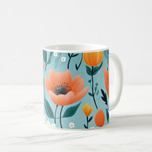 Caneca De Café Flores de arte coloridas-aqua, brancas, pêssego, a