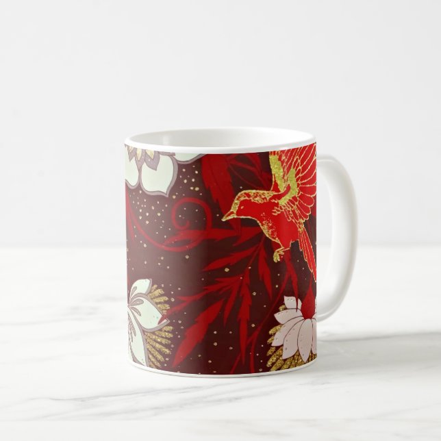 Caneca De Café Flores de Aves Douradas Vermelhas Brilhantes (Frente Esquerda)