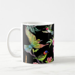 Caneca De Café Flores de Aves Tropicais: Padrão de Aquarela
