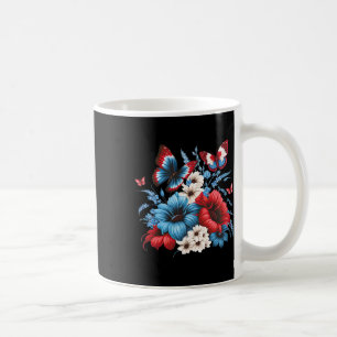 Caneca De Café Flores De Borboletas - Branco Vermelho E Azul 4 De