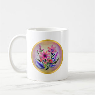 Caneca De Café Flores de Buquê de Aquarela, Fundo Colorido