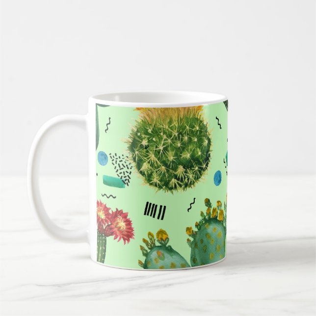 Caneca De Café Flores De Cactus: Fundo Geométrico De Aquarela. (Esquerda)